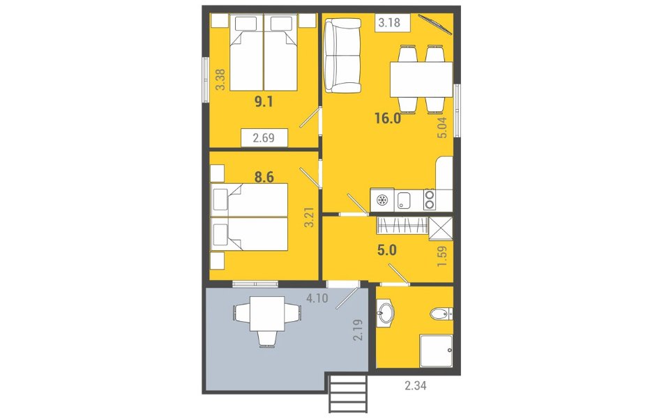 Коттедж 4-местный 2-комнатный (Семья +)