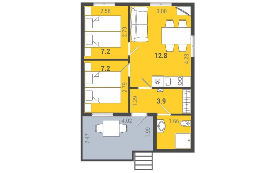Коттедж 4-местный 2-комнатный (Семья)